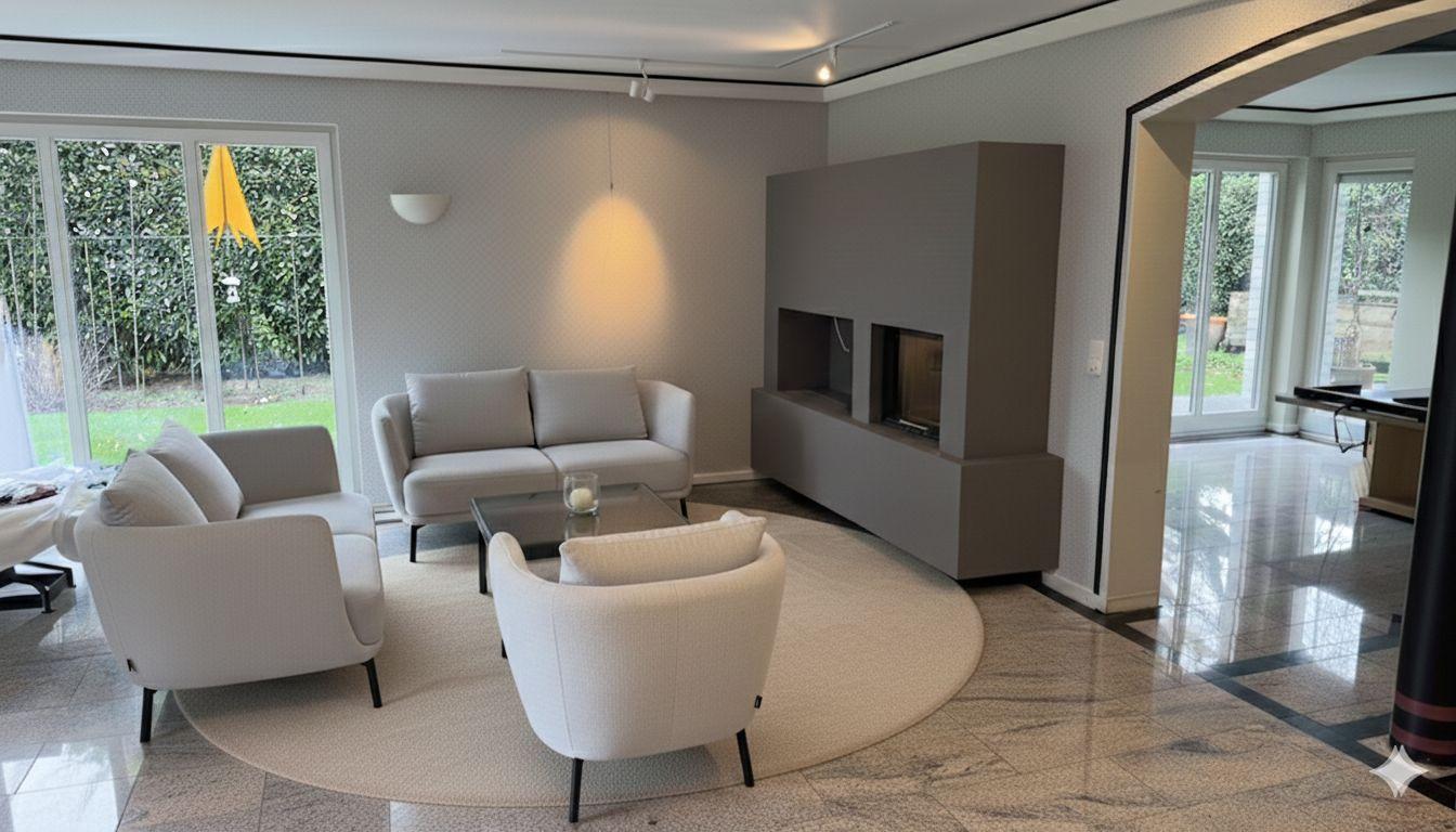 Wohnzimmer mit Kaminwand